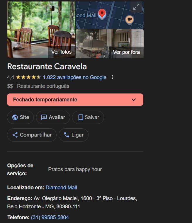 Status do Restaurante Caravela, no Google (Foto Reprodução/Maps) Status do Restaurante Caravela, no Google (Foto Reprodução/Maps)