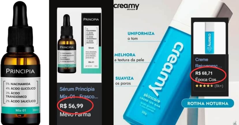 Creamy Skincare Ácido Glicólico 30g e Sérum Mix-01 da Principia (Foto Reprodução/Montagem/TV Foco/Canva/Lennita/Google Shopping/Creamy)