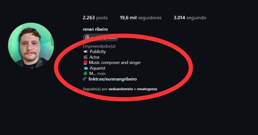 Renan Ribeiro tem a carreira de publicidade publicada em sua bio nas redes sociais (Foto Reprodução/Montagem/Instagram/ @Renan Ribeiro) Renan Ribeiro tem a carreira de publicidade publicada em sua bio nas redes sociais (Foto Reprodução/Montagem/Instagram/ @Renan Ribeiro)