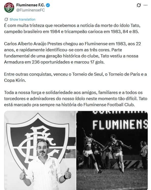 Fluminense confirmou morte de jogador (Foto: Reprodução / X) Fluminense confirmou morte de jogador (Foto: Reprodução / X)