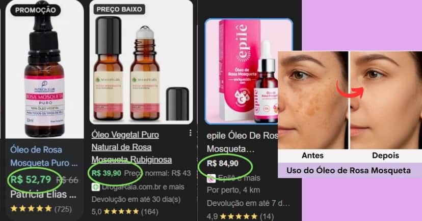 Média de valores do óleo de rosa mosqueta/resultados (Foto Reprodução/Montagem/Lennita/Canva/Google Shopping/ TikTok) Média de valores do óleo de rosa mosqueta/resultados (Foto Reprodução/Montagem/Lennita/Canva/Google Shopping/ TikTok)