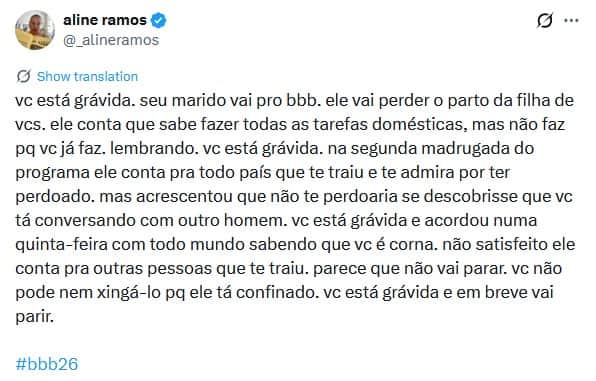 Aline Ramos criticou atitude de Pedro no BBB26 (Foto: Reprodução / X) 