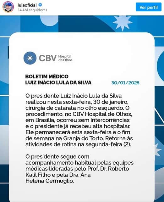 Lula fez cirurgia (Foto: Reprodução / Instagram) Lula fez cirurgia (Foto: Reprodução / Instagram)