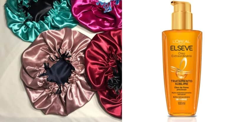 Touca de Cetim e Elséve Óleo Extraordinário para o cabelo (Reprodução: Montagem TV Foco) Touca de Cetim e Elséve Óleo Extraordinário para o cabelo (Reprodução: Montagem TV Foco)