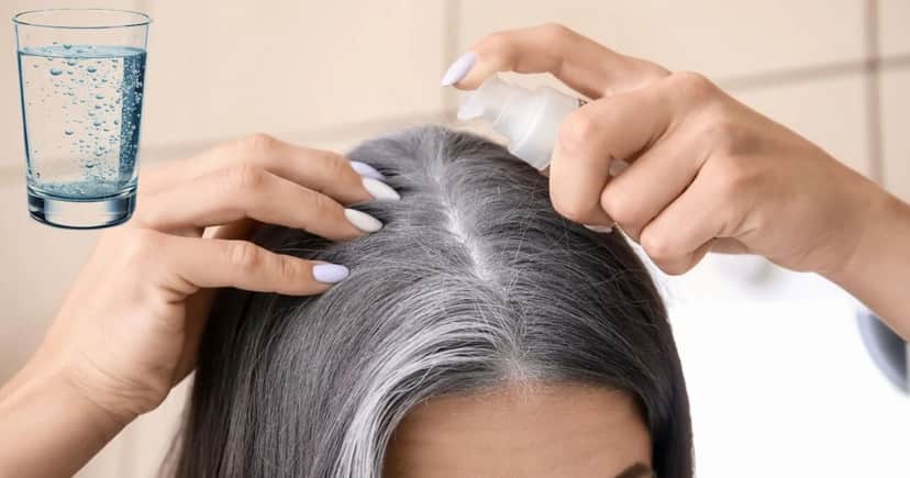 Mulher aplicando produto nos cabelos brancos Mulher aplicando produto nos cabelos brancos