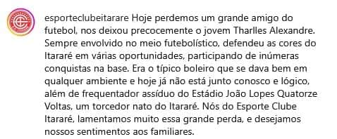 Esporte Clube Itarará se manifesta (Foto: Reprodução / Instagram) Esporte Clube Itarará se manifesta (Foto: Reprodução / Instagram)