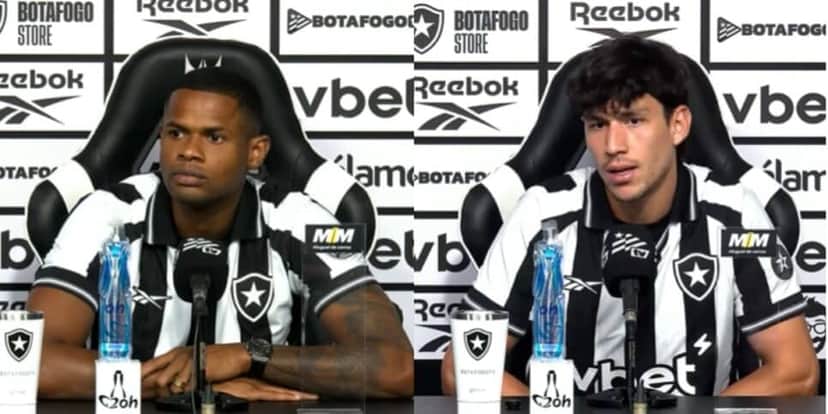 Junior Santos e Ferraresi apresentados no mesmo dia no Botafogo (Reprodução: Youtube) Junior Santos e Ferraresi apresentados no mesmo dia no Botafogo (Reprodução: Youtube)