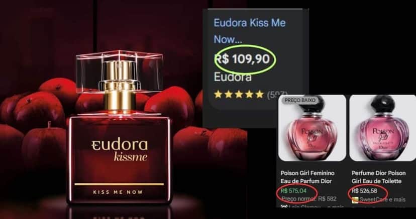 Eudora Kiss Me Now x Poison Girl (Foto Reprodução/Montagem/Lennita/TV Foco/Google Shopping/Eudora) Eudora Kiss Me Now x Poison Girl (Foto Reprodução/Montagem/Lennita/TV Foco/Google Shopping/Eudora)
