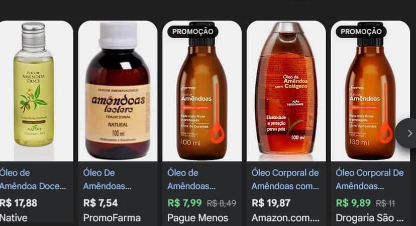 Média de valores do óleo de amêndoas doces (Foto: Reprodução/Google Shopping) Média de valores do óleo de amêndoas doces (Foto: Reprodução/Google Shopping)