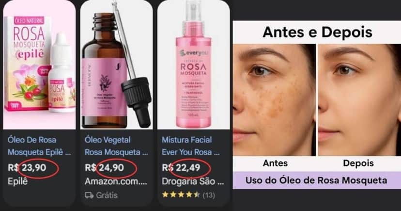 Média de valores/ Resultados Rosa Mosqueta (Foto Reprodução/Montagem/Lennita/TV Foco/Google Shopping/YouTube) Média de valores/ Resultados Rosa Mosqueta (Foto Reprodução/Montagem/Lennita/TV Foco/Google Shopping/YouTube)