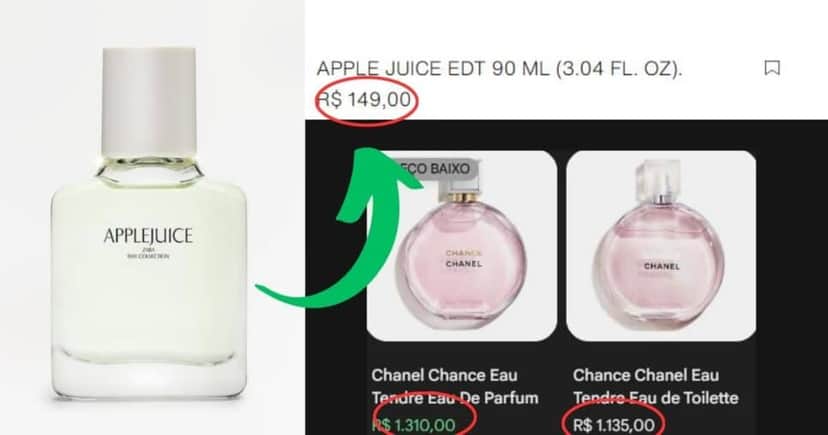 Diferença de valores entre o Apple Juice e o Chanel Chance Tendre (Foto Reprodução/Montagem/Lennita/TV Foco/Google Shopping/Zara) Diferença de valores entre o Apple Juice e o Chanel Chance Tendre (Foto Reprodução/Montagem/Lennita/TV Foco/Google Shopping/Zara)