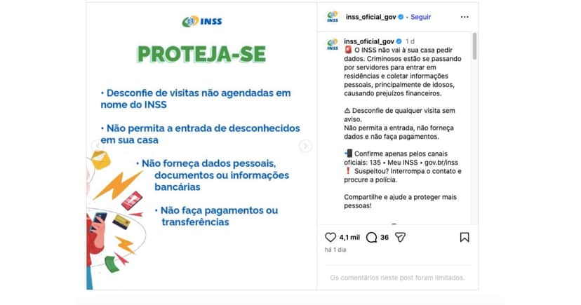 Comunicado do INSS sobre golpes (Foto: Reprodução / Instagram) Comunicado do INSS sobre golpes (Foto: Reprodução / Instagram)