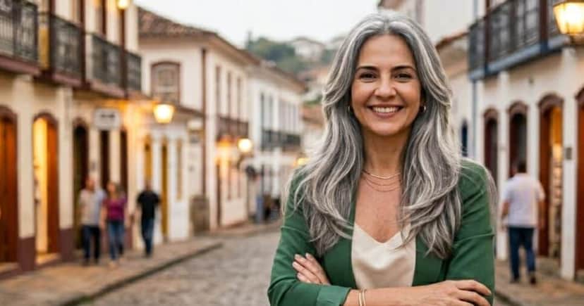 Mulher com o cabelo grisalho e corte em camadas (Foto: Montagem TV Foco / GMN) Mulher com o cabelo grisalho e corte em camadas (Foto: Montagem TV Foco / GMN)