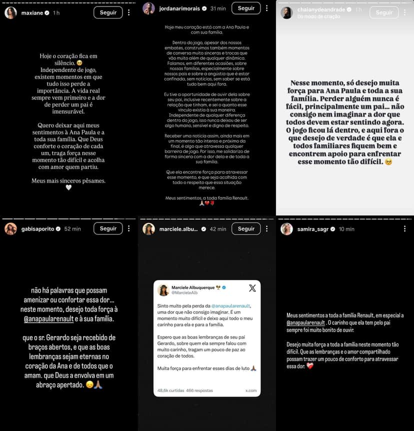 Rivais no BBB26 reagem morte do pai de Ana Paula (Foto: Reprodução / Instagram / X) Rivais no BBB26 reagem morte do pai de Ana Paula (Foto: Reprodução / Instagram / X)