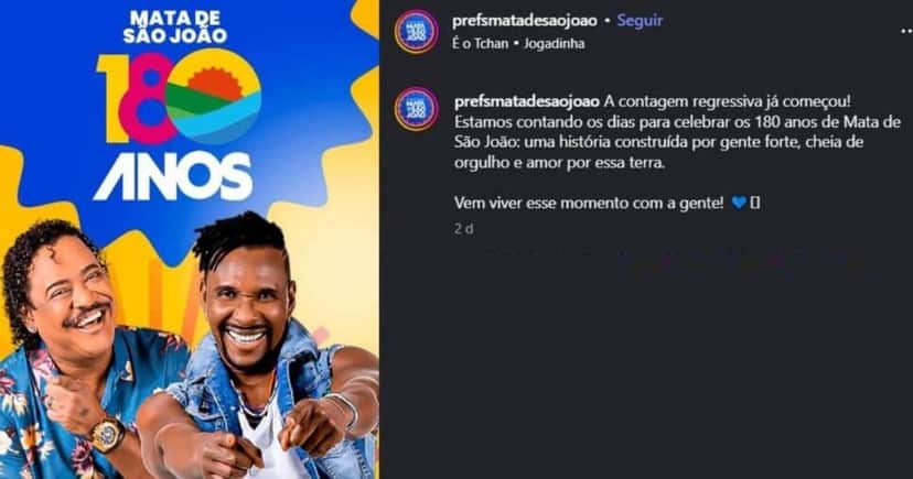 Programação de feriado e aniversário da cidade Mata de São João (Foto Reprodução/Instagram/@prefsmatasãojoao) Programação de feriado e aniversário da cidade Mata de São João (Foto Reprodução/Instagram/@prefsmatasãojoao)
