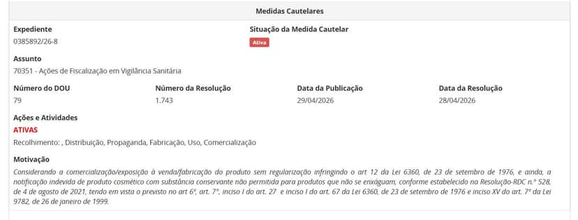 Medida da ANVISA contra tônico parte 1 (Foto Reprodução/ANVISA) Medida da ANVISA contra tônico parte 1 (Foto Reprodução/ANVISA)