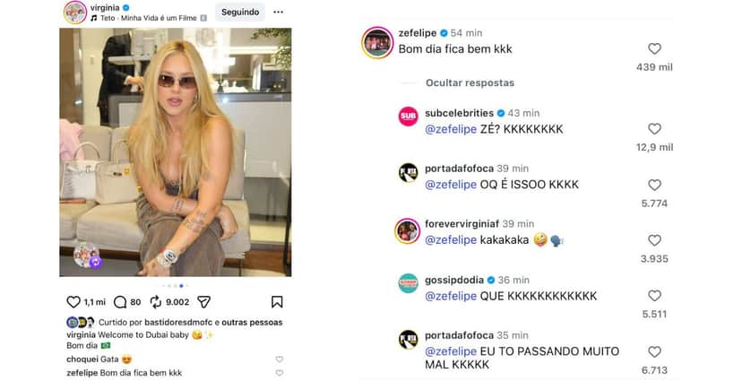 Comentário de Zé Felipe (Fotos: Reproduções / Instagram) Comentário de Zé Felipe (Fotos: Reproduções / Instagram)