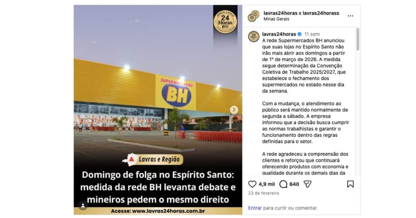 Notícia sobre rede de supermercados BH (Foto: Reprodução / Instagram) Notícia sobre rede de supermercados BH (Foto: Reprodução / Instagram)