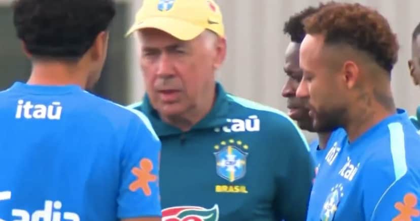 Carlo Ancelotti, Vini Jr e Neymar (Foto: Reprodução / Globo) Carlo Ancelotti, Vini Jr e Neymar (Foto: Reprodução / Globo)