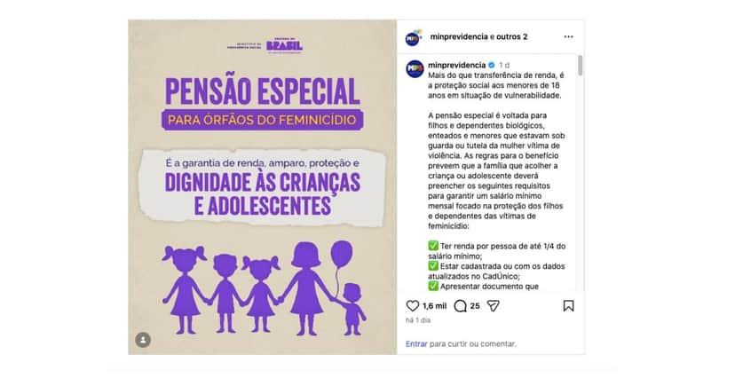 Comunicado do INSS sobre pensão especial para órfãos do feminicídio (Foto: Reprodução / Instagram) Comunicado do INSS sobre pensão especial para órfãos do feminicídio (Foto: Reprodução / Instagram)