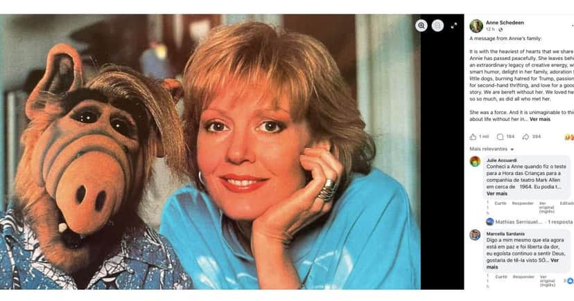 Comunicado sobre morte de Anne Schedeen, estrela de fenômeno do SBT (Foto: Reprodução / Facebook) 