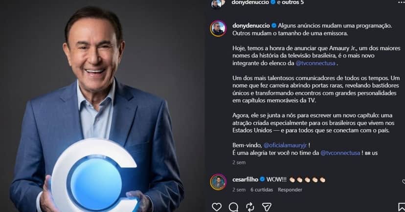 Anúncio da chegada de Amaury na Connect TV (Foto Reprodução/Montagem/TV Foco/Lennita/Instagram oficial)