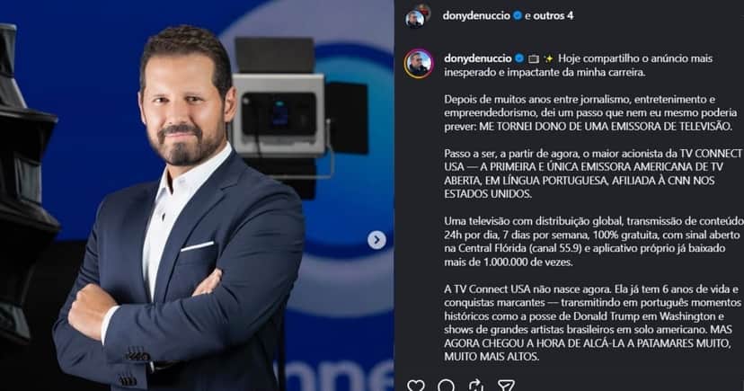 Anúncio de Dony sobre a sua conquista como dono de TV (Foto Reprodução/Montagem/TV Foco/Lennita/Instagram oficial)