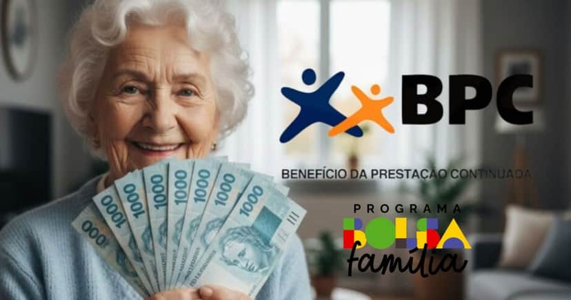 Le - Ilustração idosa, logo Bolsa Família e BPC (Foto: Montagem TV Foco / GMN / Internet)
