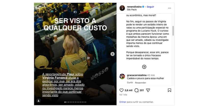 Publicação de Rener Oliveira envolvendo Virginia Fonseca