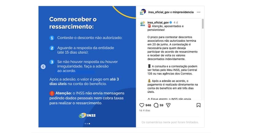 Publicação do INSS sobre ressarcimento (Foto: Reprodução / Instagram) Publicação do INSS sobre ressarcimento (Foto: Reprodução / Instagram)