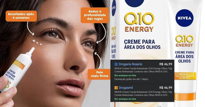 Q10 Nivea- Área dos olhos (Foto Reprodução/Montagem/Lennita/Google Shopping) Q10 Nivea- Área dos olhos (Foto Reprodução/Montagem/Lennita/Google Shopping)