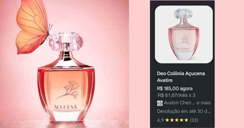 Perfume Açucena Avatim/Média de valores (Foto Reprodução/Montagem/Lennita/TV Foco/Avatim/Google Shopping) Perfume Açucena Avatim/Média de valores (Foto Reprodução/Montagem/Lennita/TV Foco/Avatim/Google Shopping)