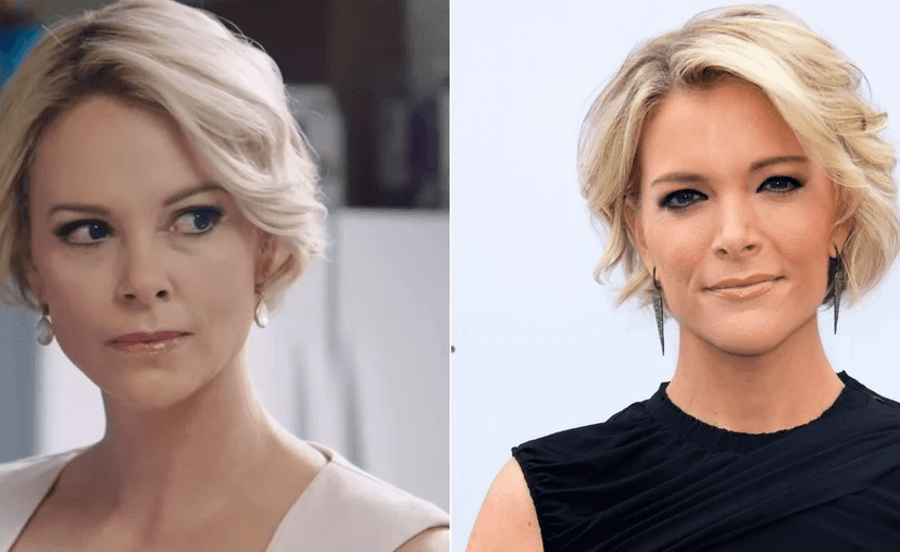 Charlize Theron (à esq.) no trailer de O Escândalo, no qual interpreta a jornalista Megyn Kelly (à dir.) (Fotos: Reprodução / NBC)