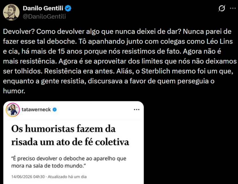 Danilo Gentili alfineta humoristas da Globo (Foto: Reprodução / X) Danilo Gentili alfineta humoristas da Globo (Foto: Reprodução / X)