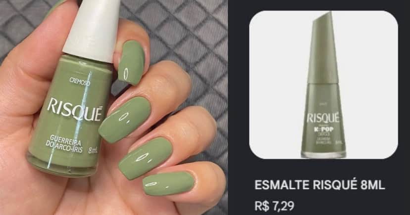 Opção de esmalte verde oliva da marca Risqué (Foto Reprodução/Montagem/Lennita/TV Foco/Canva/Google Shopping) Opção de esmalte verde oliva da marca Risqué (Foto Reprodução/Montagem/Lennita/TV Foco/Canva/Google Shopping)