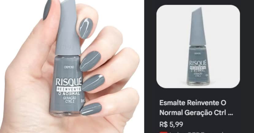 Opção de cinza azulado da marca Risqué (Foto Reprodução/Montagem/Lennita/TV Foco/Canva/Google Shopping) Opção de cinza azulado da marca Risqué (Foto Reprodução/Montagem/Lennita/TV Foco/Canva/Google Shopping)