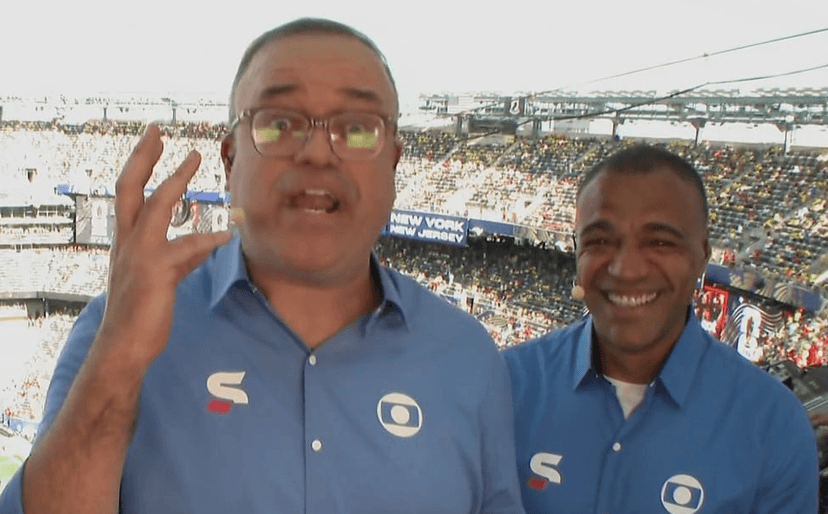 Everaldo Marques e Denilson no esquenta para Brasil x Marrocos sábado (13) (Foto: Reprodução / Globo) Everaldo Marques e Denilson no esquenta para Brasil x Marrocos sábado (13) (Foto: Reprodução / Globo)