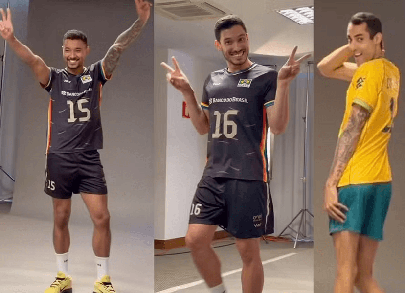 Maique Reis, Douglas Pureza e Douglas Souza durante as fotos da seleção (Fotos: Reprodução / Instagram)