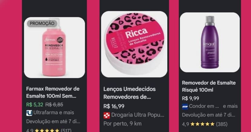Removedores de esmalte populares (Foto Reprodução/Lennita/TV Foco/Canva/Google Shopping) Removedores de esmalte populares (Foto Reprodução/Lennita/TV Foco/Canva/Google Shopping)