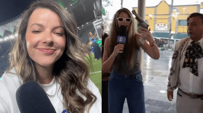 A repórter Sofia Arruda Miranda, da GE TV, que pertence ao Grupo Globo, pegou uma arma ao vivo (Foto: Reprodução / X) A repórter Sofia Arruda Miranda, da GE TV, que pertence ao Grupo Globo, pegou uma arma ao vivo (Foto: Reprodução / X)