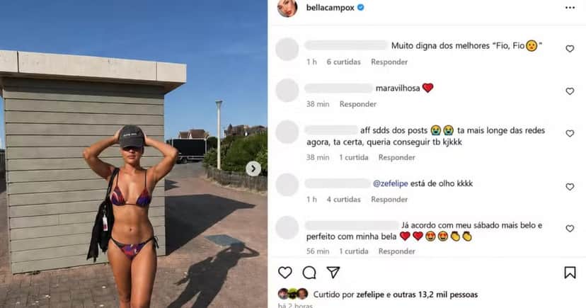 Bella Campos exibe abdômen trincado de biquíni na praia e curtida de Zé Felipe chama atenção (Foto: Reprodução/Instagram) Bella Campos exibe abdômen trincado de biquíni na praia e curtida de Zé Felipe chama atenção (Foto: Reprodução/Instagram)