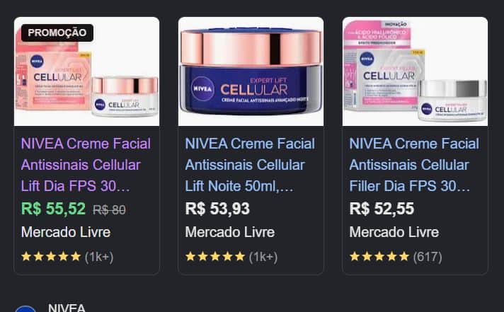Média de valores da Linha Nivea Cellular Expert Lift Antissinais (Foto Reprodução/Google Shopping) Média de valores da Linha Nivea Cellular Expert Lift Antissinais (Foto Reprodução/Google Shopping)