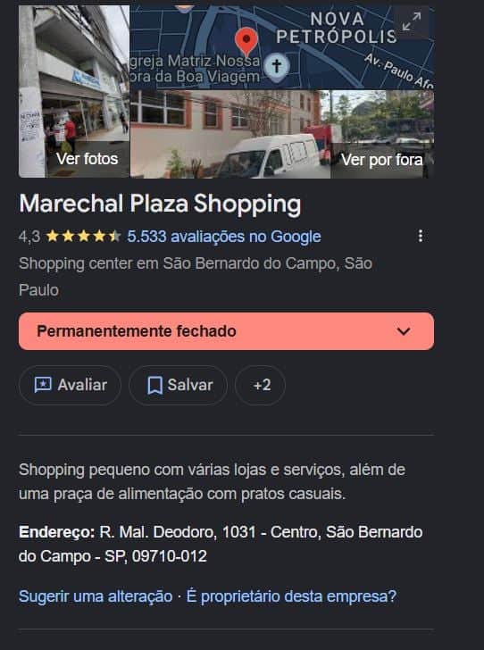 Status do Marechal Plaza Shopping no Google Maps (Foto Reprodução/Maps) Status do Marechal Plaza Shopping no Google Maps (Foto Reprodução/Maps)