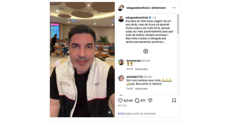 Edu Guedes relembra diagnóstico de doença e celebra viagem para Portugal (Foto: Reprodução / Instagram)