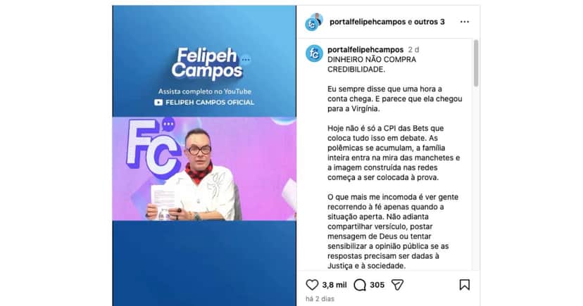 Postagem de Felipeh Campos (Foto: Reprodução / Instagram)