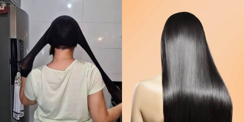 Cabelo mais liso usando touca de meia calça (Reprodução: Montagem TV Foco)
