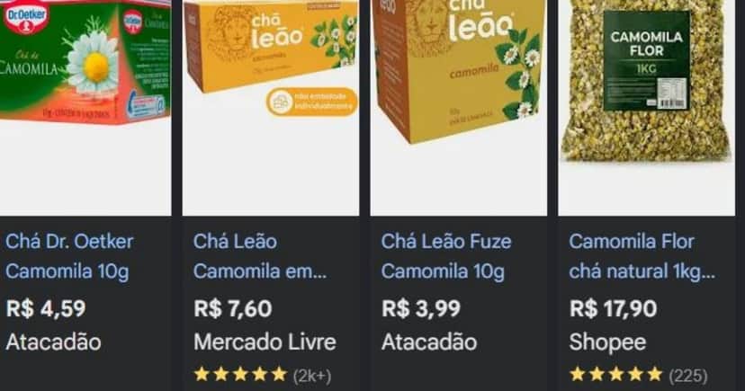 Opções de chás e ervas de camomila (Foto Reprodução/Google Shopping/Pesquisa Lennita) Opções de chás e ervas de camomila (Foto Reprodução/Google Shopping/Pesquisa Lennita)