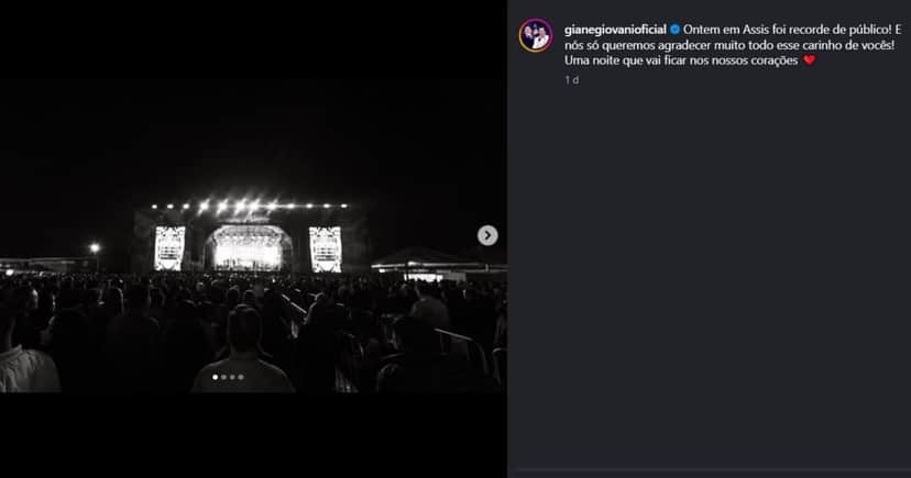 Registro de Gian e Giovani de show em Assis (Foto Reprodução/Instagram/@gianegiovani) Registro de Gian e Giovani de show em Assis (Foto Reprodução/Instagram/@gianegiovani)