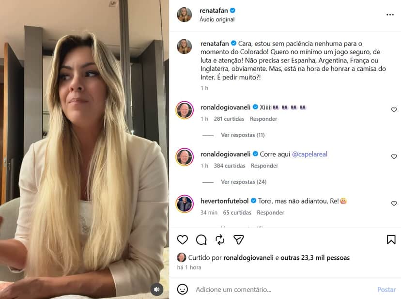 Renata Fan fez desabafo após derrota do Internacional (Foto: Reprodução/ Instagram) Renata Fan fez desabafo após derrota do Internacional (Foto: Reprodução/ Instagram)