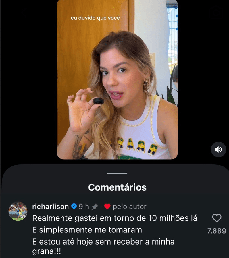 Richarlison comentou na publicação de Ana Paula Zantut (Foto: Reprodução / Instagram) Richarlison comentou na publicação de Ana Paula Zantut (Foto: Reprodução / Instagram)